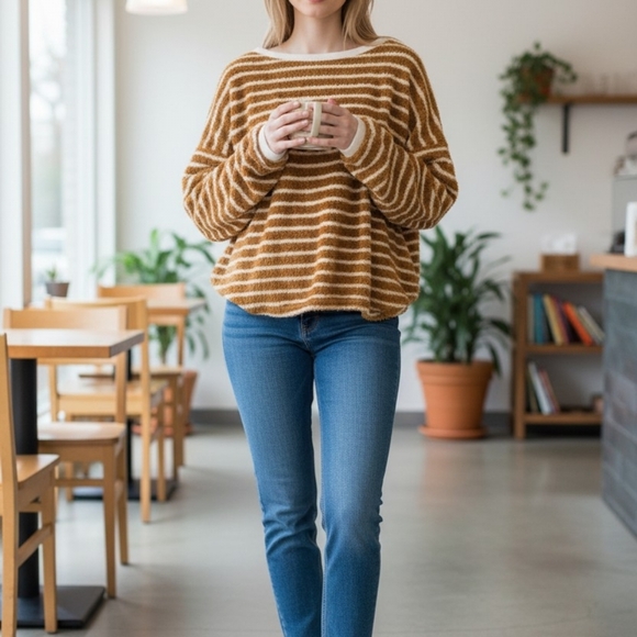 Free People Womwns Sz MED Breton Striped Pullover Sweater Cozy Sodr Orange - Picture 2 of 11